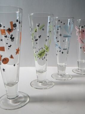 Vtg Decorative Glassware Set - Orange, Green,Blue, Pink Accent Pilsner Flutes 9"